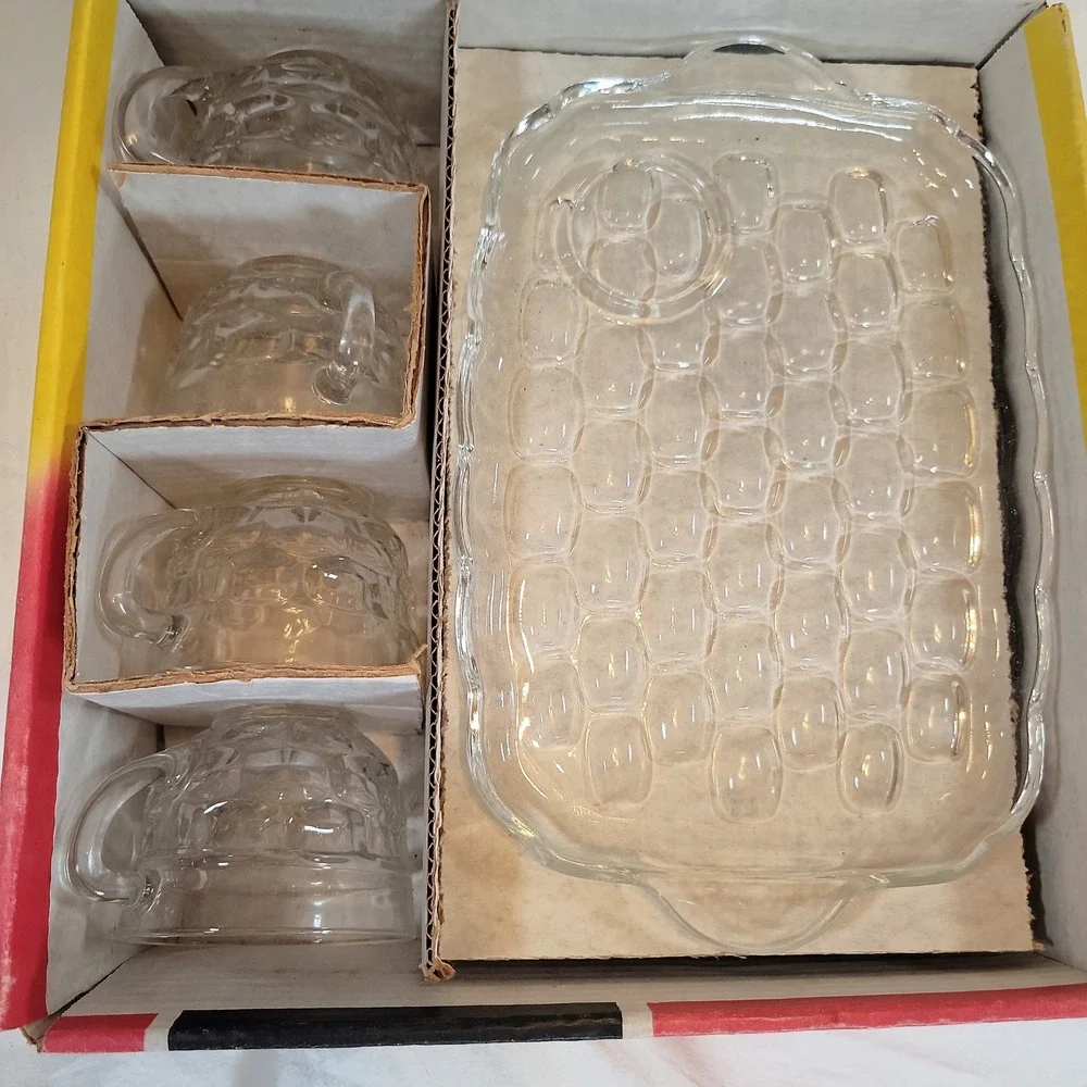 Federal Glass Snack Set A-8 Clear Homestead Pattern Vintage 8 Piece Set Boxed